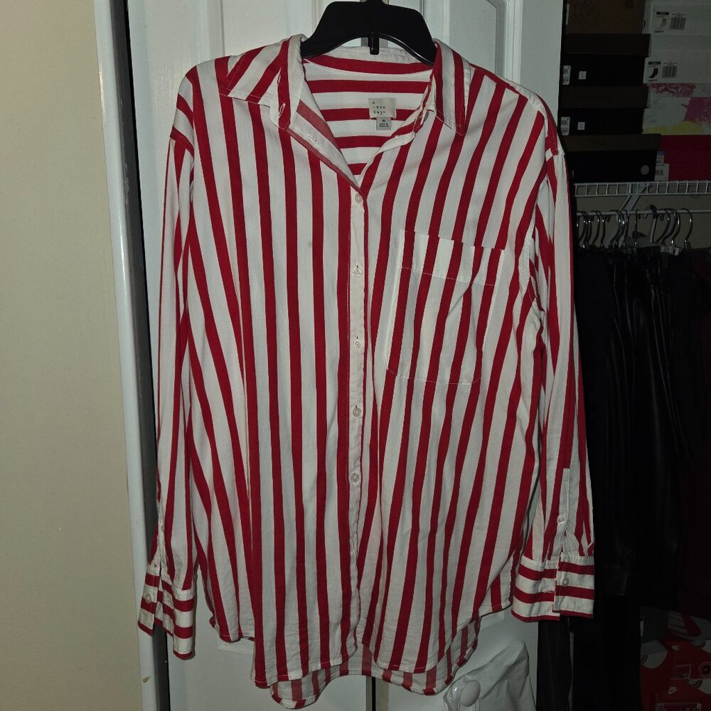 Red and white striped button down shirt